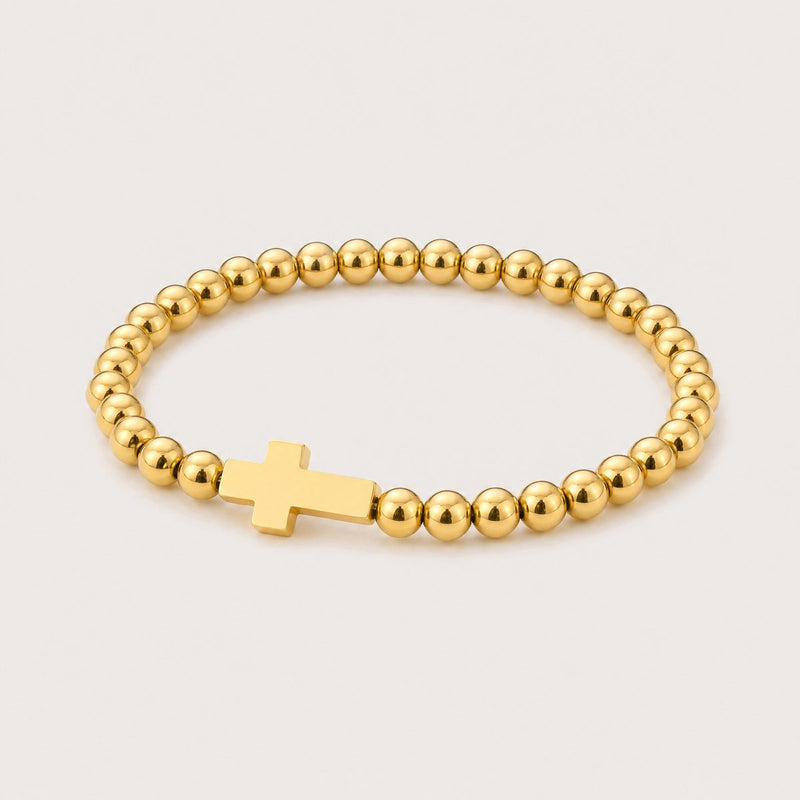 Beaded Cross Bracelet, Gold tone