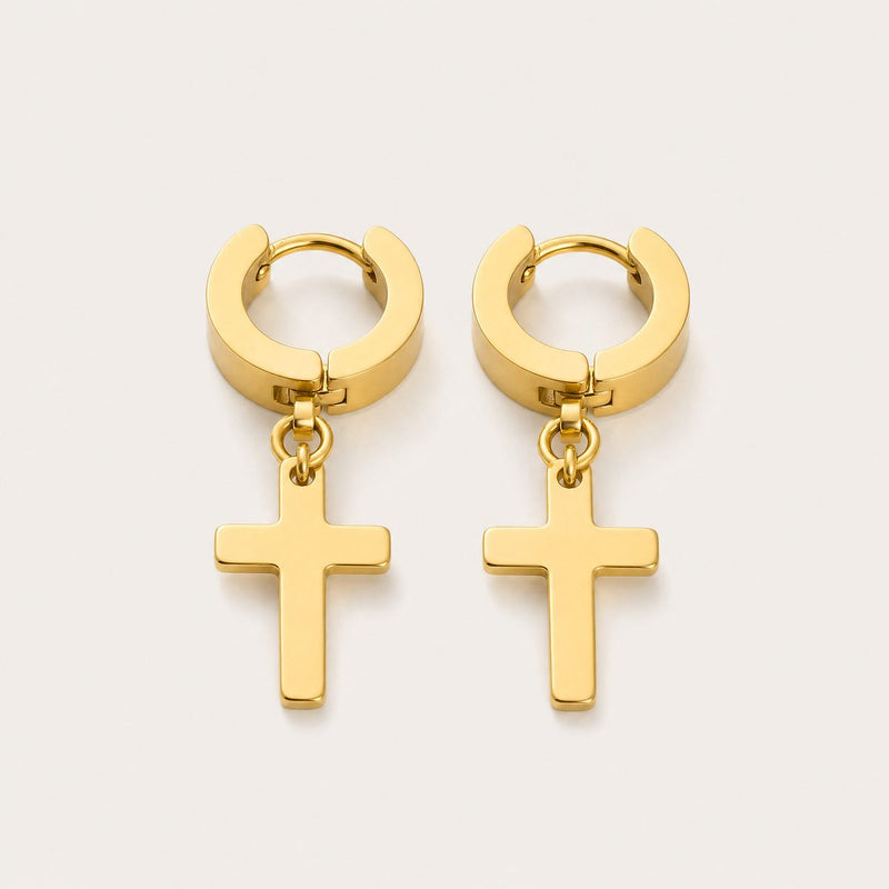 Cross Charm Huggies, Gold tone