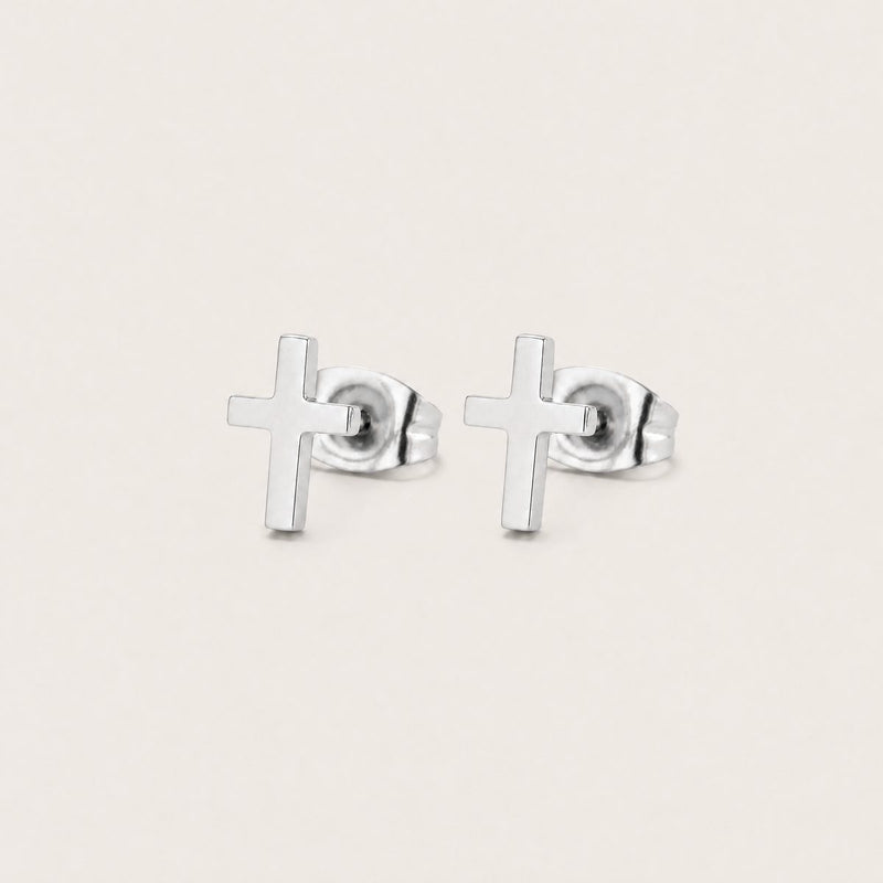 Cross Stud Earrings, Silver tone