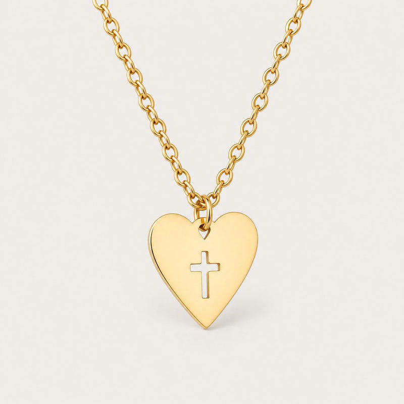 Heart Cross Necklace, Gold tone