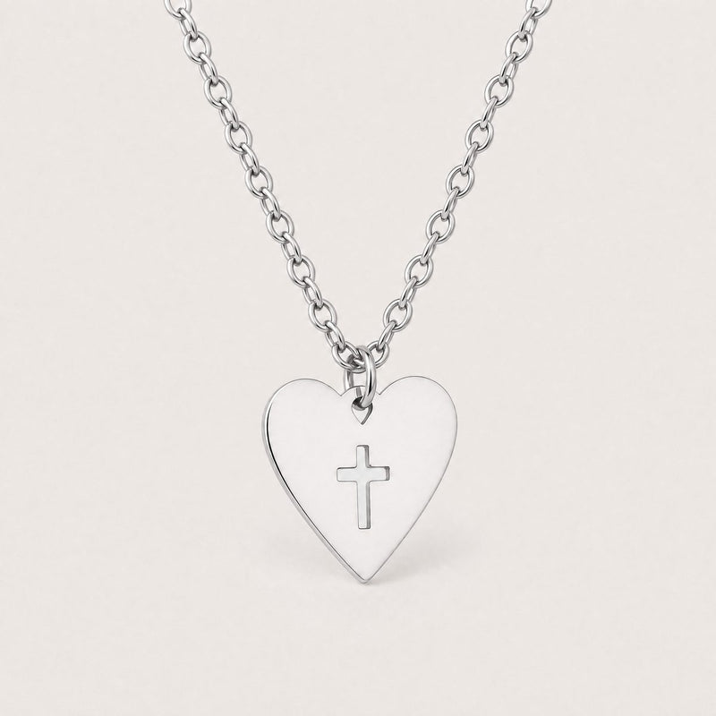 Heart Cross Necklace, Silver tone