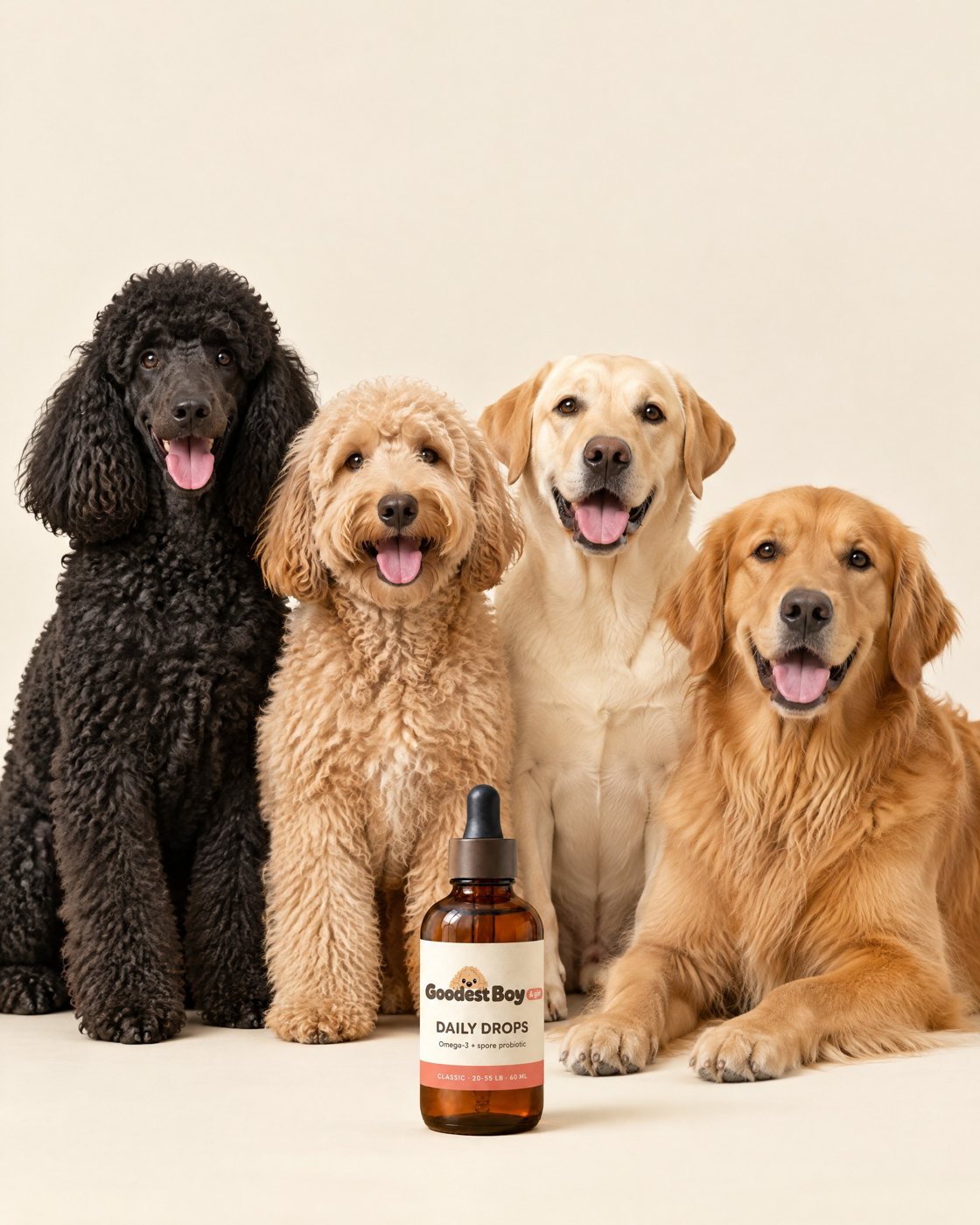 Four dogs with a bottle of Goodest Boy Daily Drops