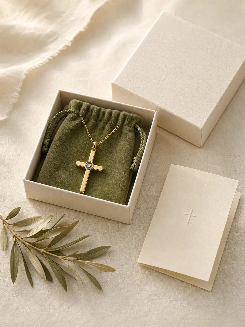 Ivory gift box with an olive pouch, the necklace, and a small cream card