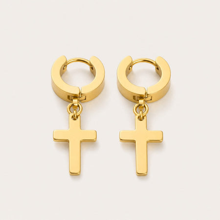 Cross Charm Huggies, Gold tone