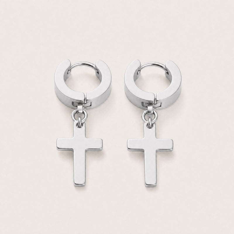 Cross Charm Huggies, Silver tone