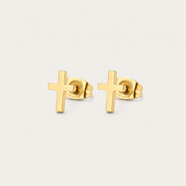 Cross Stud Earrings, Gold tone