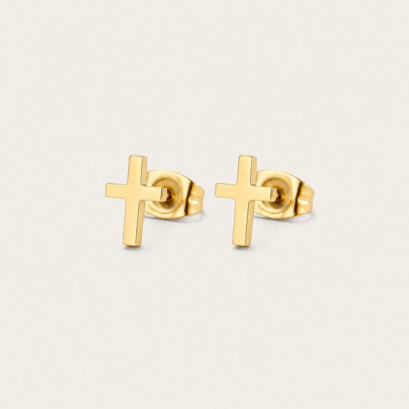 Cross Stud Earrings, Gold tone