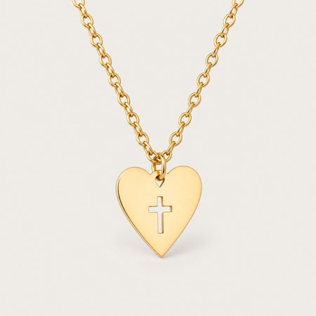 Heart Cross Necklace, Gold tone