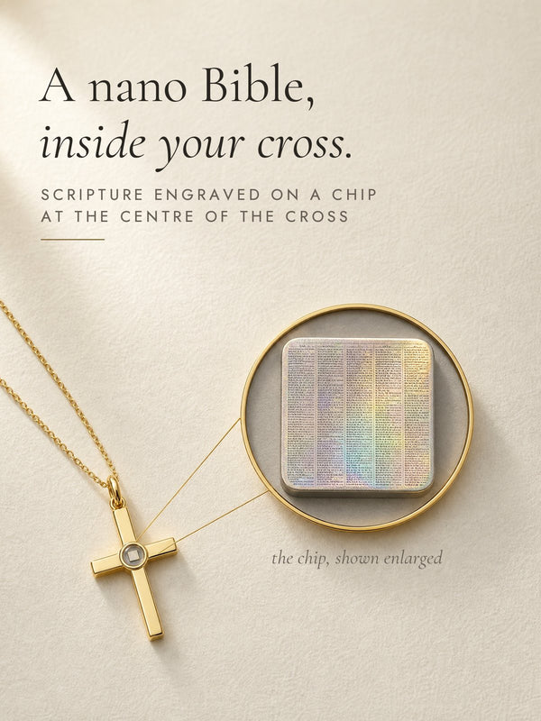 A nano Bible, inside your cross: gold tone, chip shown enlarged