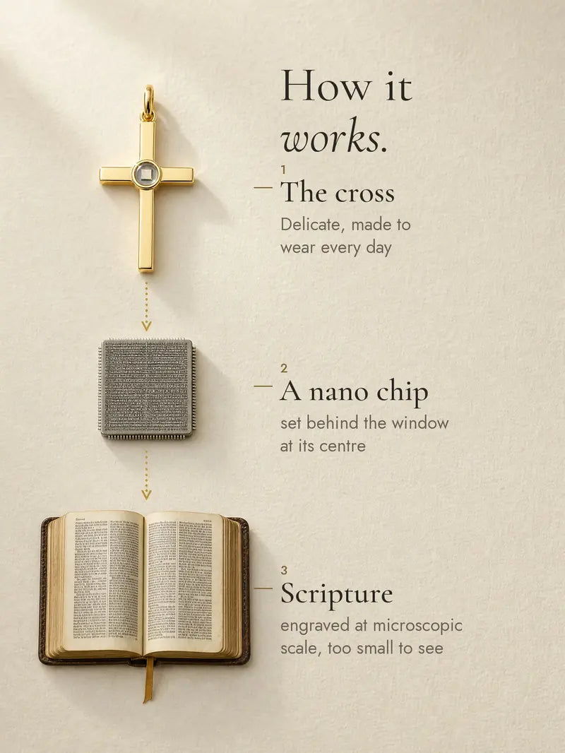 How it works. The cross, a nano chip at its centre, and scripture engraved at microscopic scale